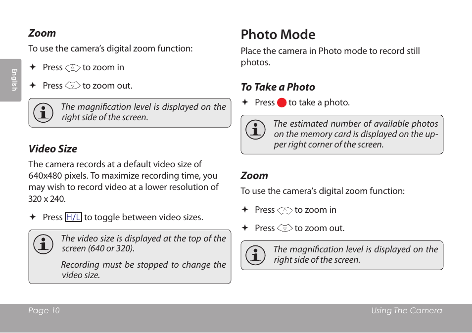 Zoom, Video size, Photo mode | To take a photo | COBY COBY SNAPP CAM3001 User Manual | Page 10 / 74