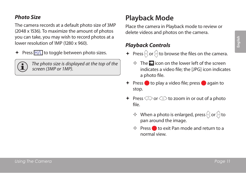 Photo size, Playback mode, Playback controls | COBY COBY SNAPP CAM3001 User Manual | Page 11 / 74