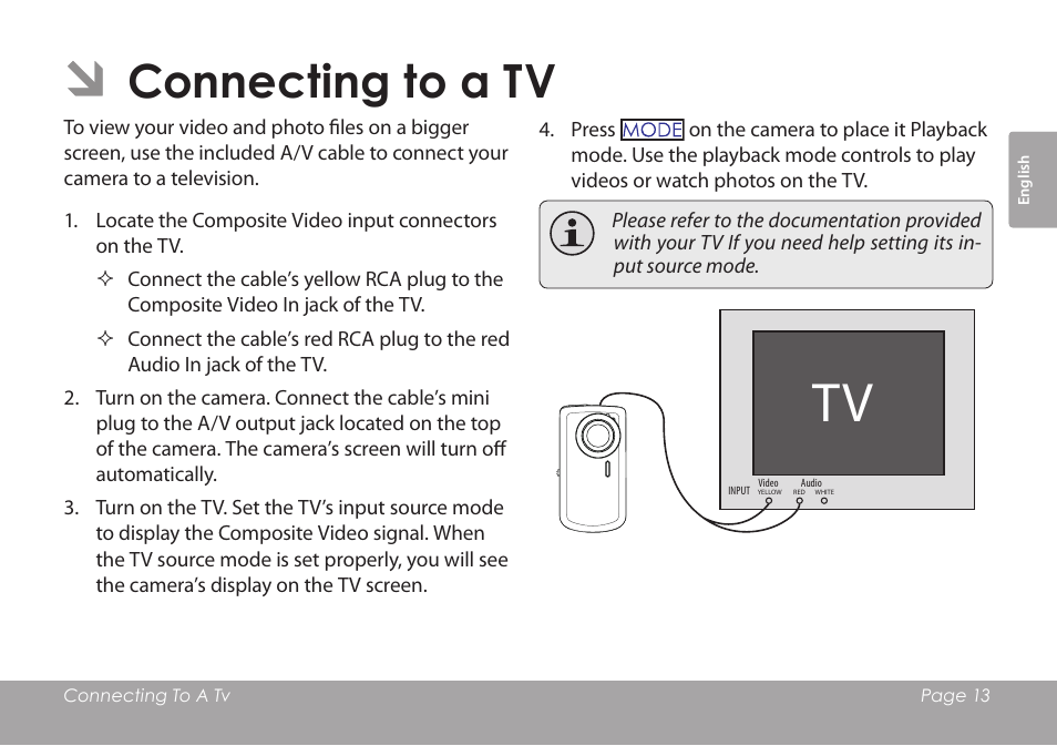 Connecting to a tv | COBY COBY SNAPP CAM3001 User Manual | Page 13 / 74