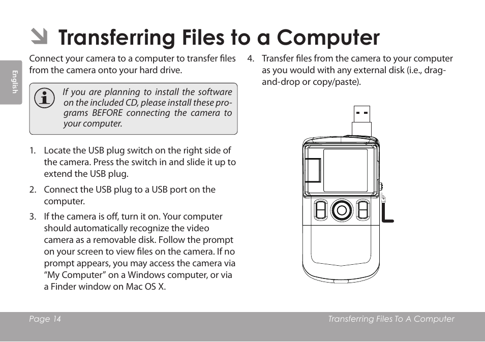 Transferring files to a computer | COBY COBY SNAPP CAM3001 User Manual | Page 14 / 74