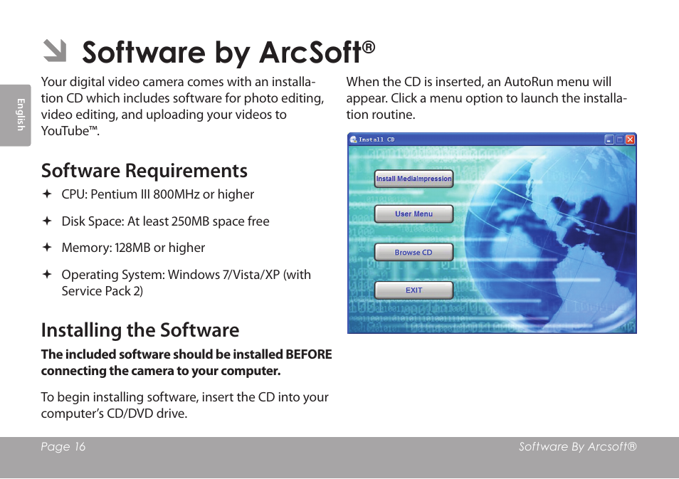 Software by arcsoft, Software requirements, Installing the software | COBY COBY SNAPP CAM3001 User Manual | Page 16 / 74