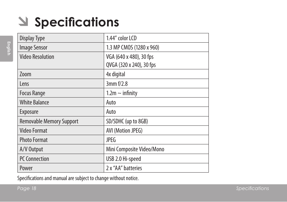 Specifications | COBY COBY SNAPP CAM3001 User Manual | Page 18 / 74