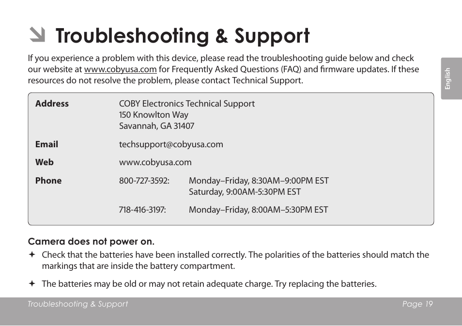 Troubleshooting & support | COBY COBY SNAPP CAM3001 User Manual | Page 19 / 74