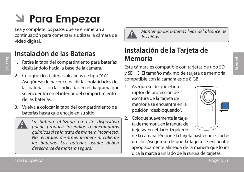 Para empezar, Instalación de las baterías, Instalación de la tarjeta de memoria | COBY COBY SNAPP CAM3001 User Manual | Page 31 / 74