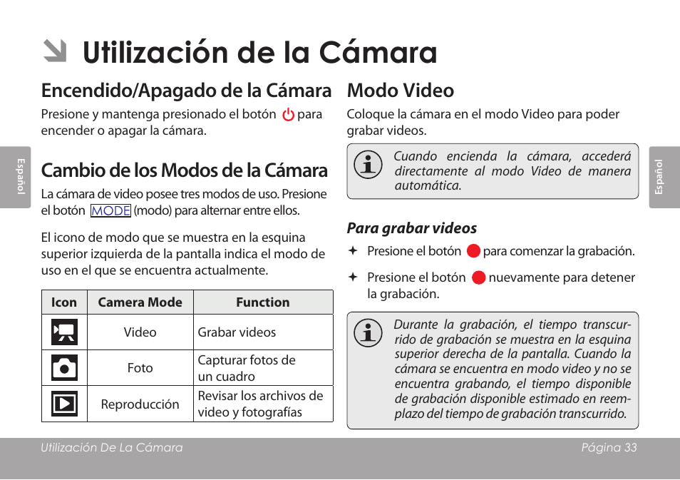 Utilización de la cámara, Encendido/apagado de la cámara, Cambio de los modos de la cámara | Modo video, Para grabar videos | COBY COBY SNAPP CAM3001 User Manual | Page 33 / 74