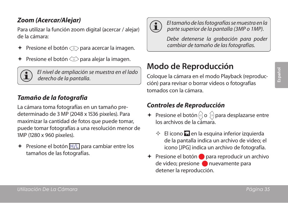 Zoom (acercar/alejar), Tamaño de la fotografía, Modo de reproducción | Controles de reproducción | COBY COBY SNAPP CAM3001 User Manual | Page 35 / 74