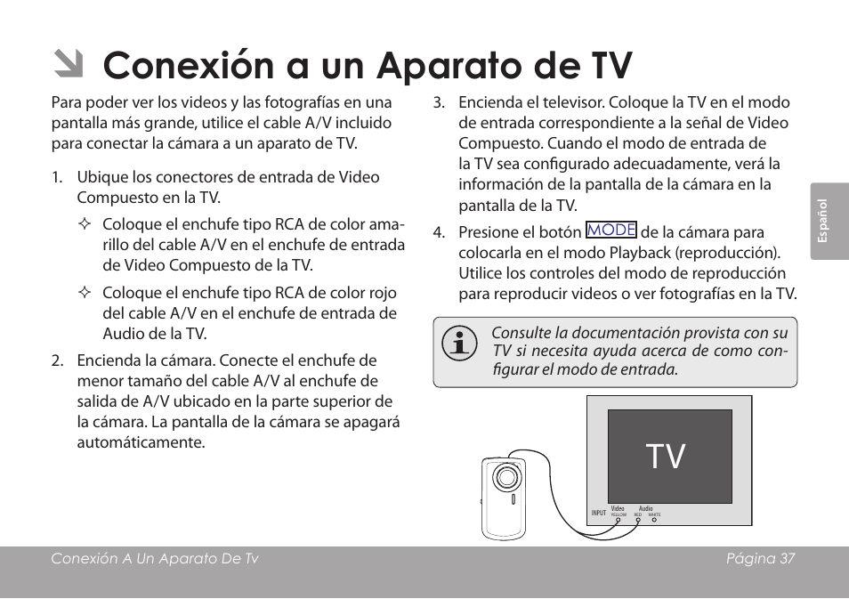 Conexión a un aparato de tv | COBY COBY SNAPP CAM3001 User Manual | Page 37 / 74