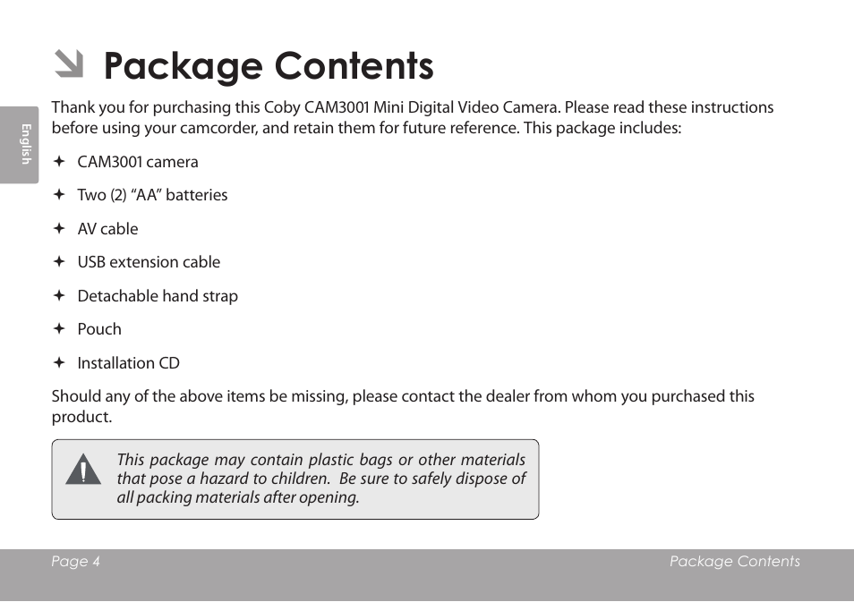 Package contents | COBY COBY SNAPP CAM3001 User Manual | Page 4 / 74