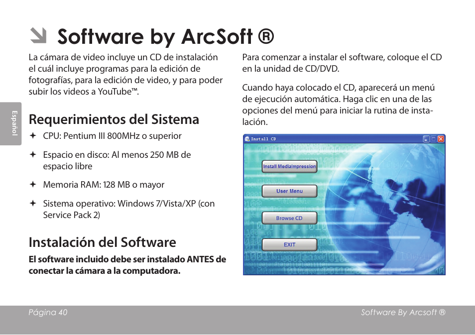 Software by arcsoft, Requerimientos del sistema, Instalación del software | COBY COBY SNAPP CAM3001 User Manual | Page 40 / 74