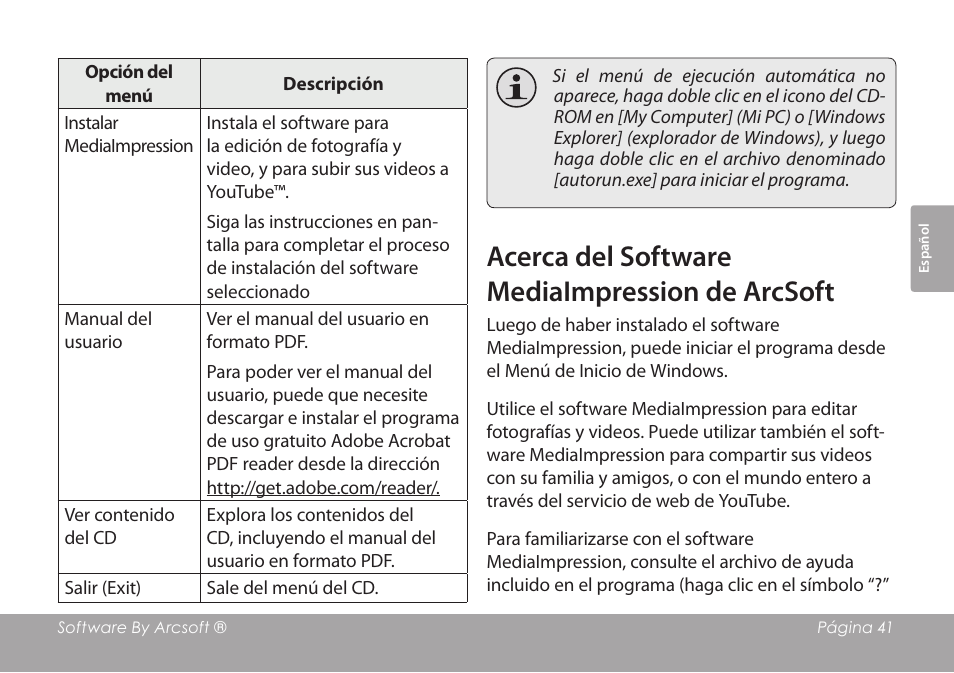 Acerca del software mediaimpression de arcsoft | COBY COBY SNAPP CAM3001 User Manual | Page 41 / 74