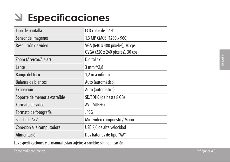 Especificaciones | COBY COBY SNAPP CAM3001 User Manual | Page 43 / 74