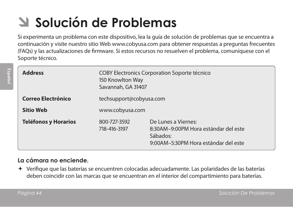 Solución de problemas | COBY COBY SNAPP CAM3001 User Manual | Page 44 / 74