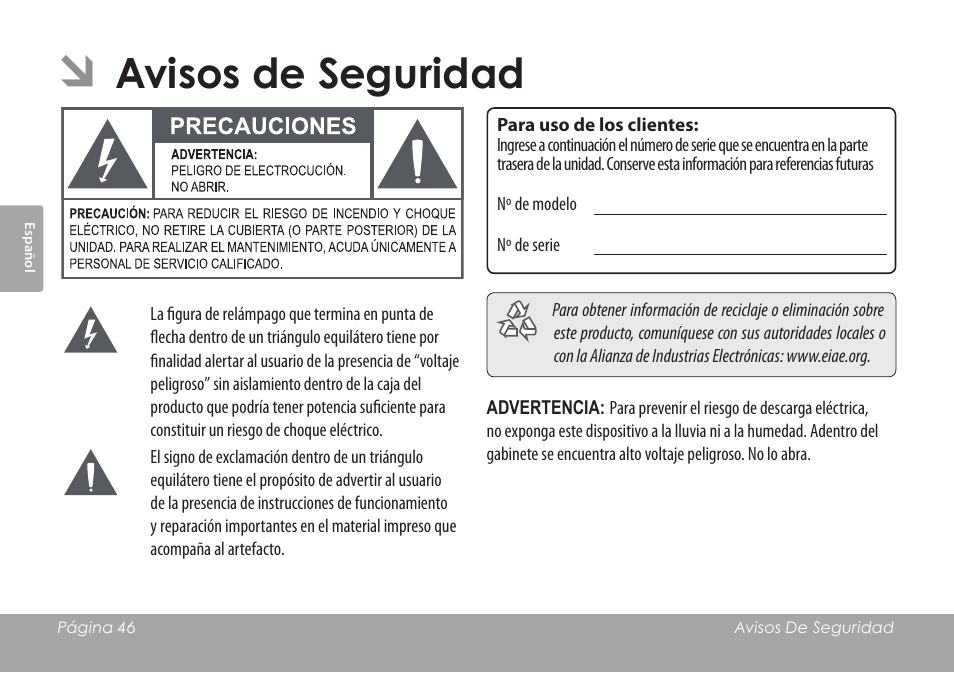 Avisos de seguridad | COBY COBY SNAPP CAM3001 User Manual | Page 46 / 74