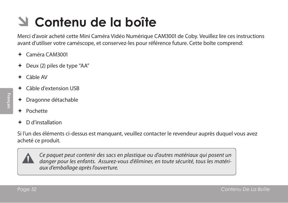 Contenu de la boîte | COBY COBY SNAPP CAM3001 User Manual | Page 52 / 74