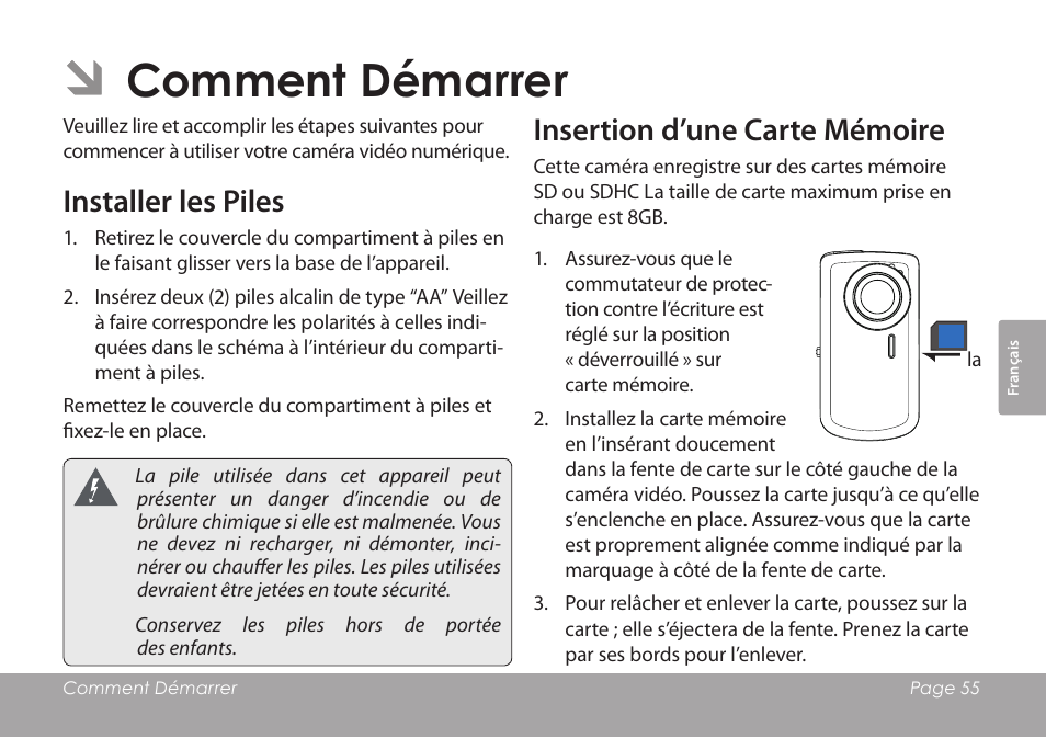 Comment démarrer, Installer les piles, Insertion d’une carte mémoire | COBY COBY SNAPP CAM3001 User Manual | Page 55 / 74