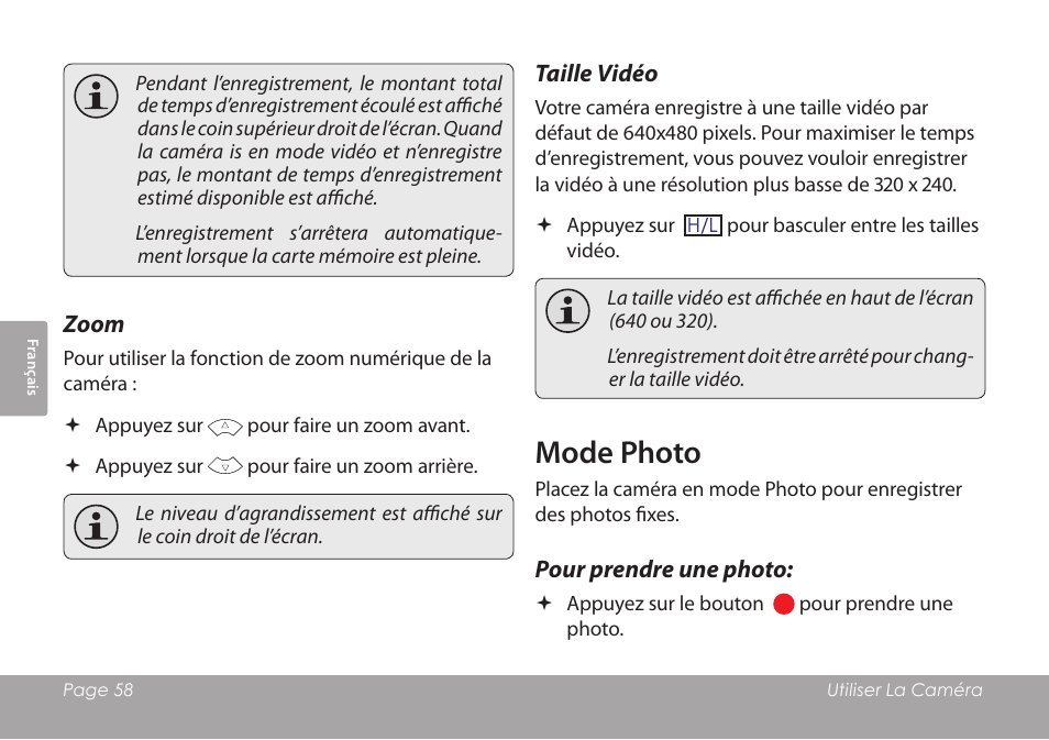 Zoom, Taille vidéo, Mode photo | Pour prendre une photo | COBY COBY SNAPP CAM3001 User Manual | Page 58 / 74