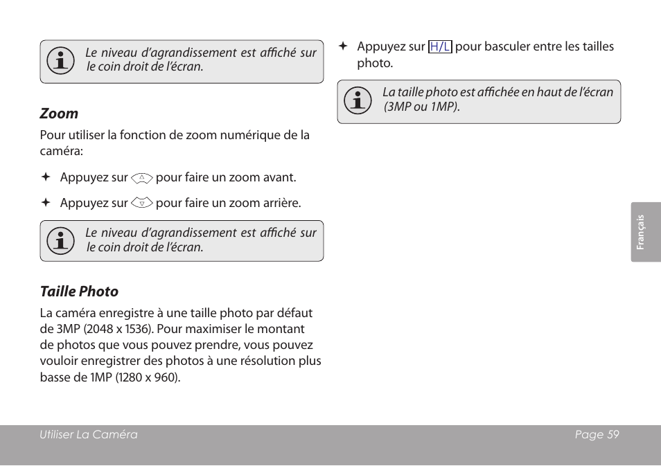 Zoom, Taille photo | COBY COBY SNAPP CAM3001 User Manual | Page 59 / 74