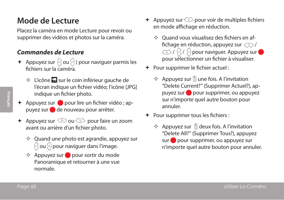 Mode de lecture, Commandes de lecture | COBY COBY SNAPP CAM3001 User Manual | Page 60 / 74