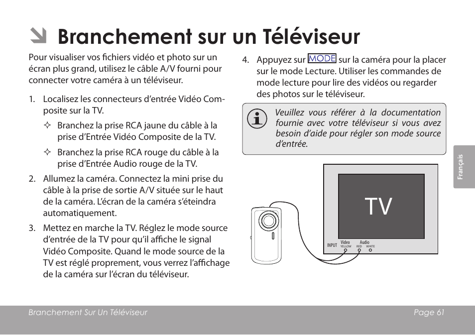 Branchement sur un téléviseur | COBY COBY SNAPP CAM3001 User Manual | Page 61 / 74