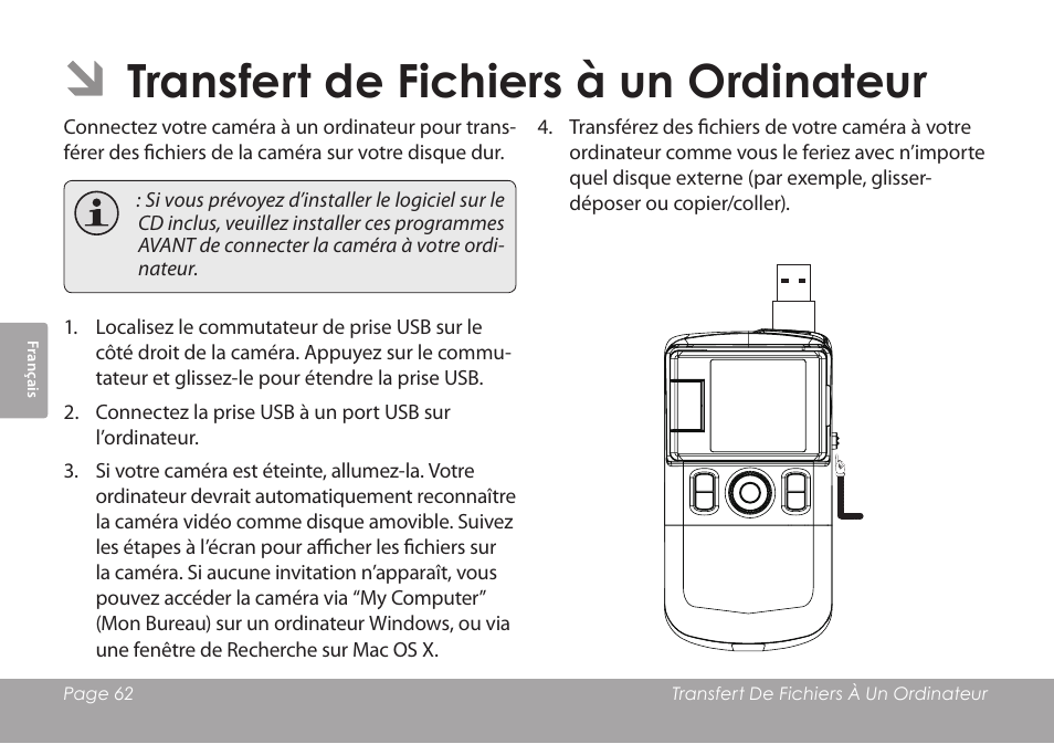 Transfert de fichiers à un ordinateur | COBY COBY SNAPP CAM3001 User Manual | Page 62 / 74