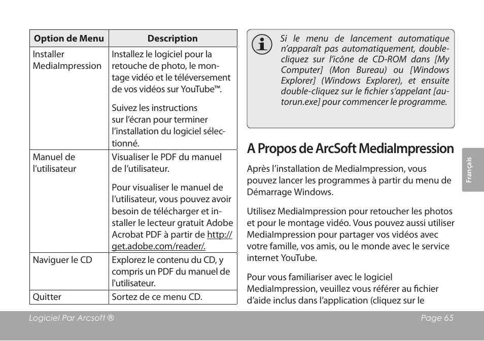 A propos de arcsoft mediaimpression | COBY COBY SNAPP CAM3001 User Manual | Page 65 / 74