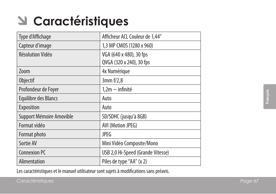 Caractéristiques | COBY COBY SNAPP CAM3001 User Manual | Page 67 / 74