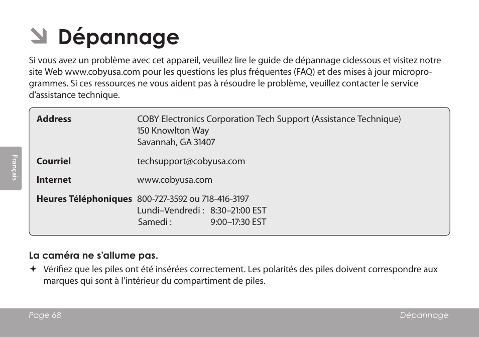 Dépannage | COBY COBY SNAPP CAM3001 User Manual | Page 68 / 74