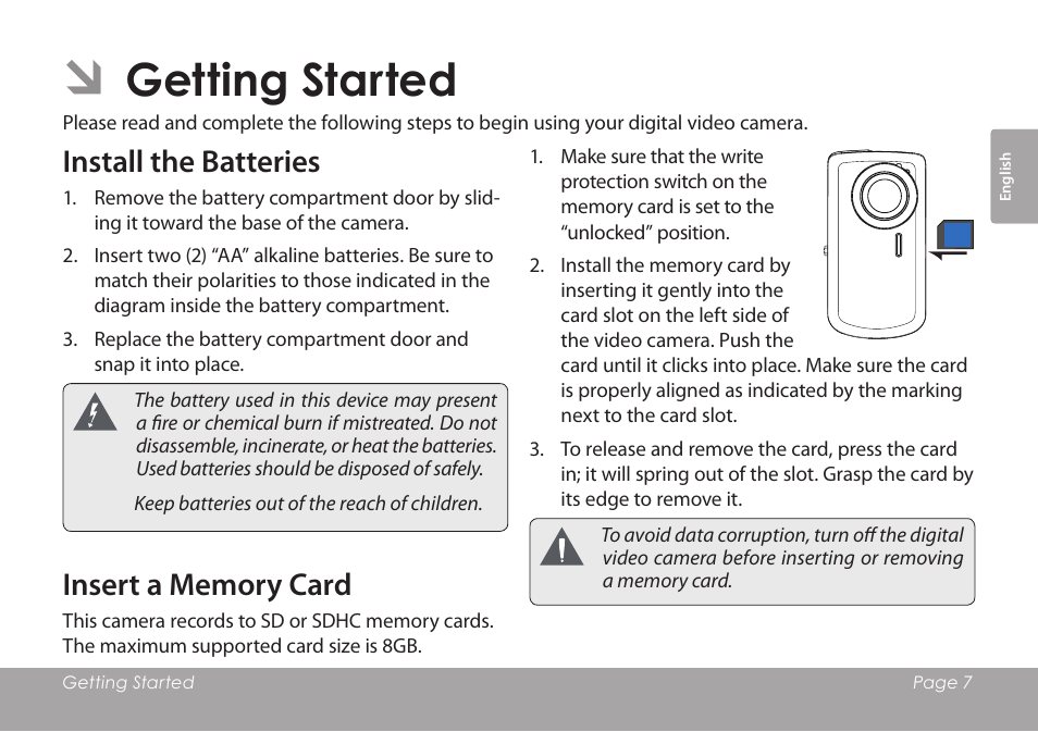 Getting started, Install the batteries, Insert a memory card | COBY COBY SNAPP CAM3001 User Manual | Page 7 / 74