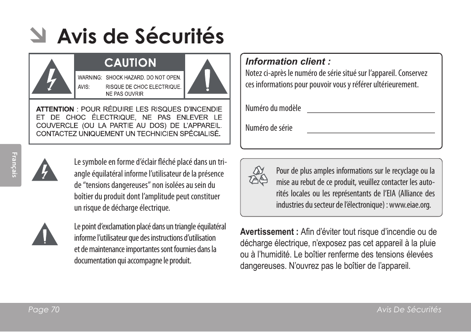 Avis de sécurités | COBY COBY SNAPP CAM3001 User Manual | Page 70 / 74