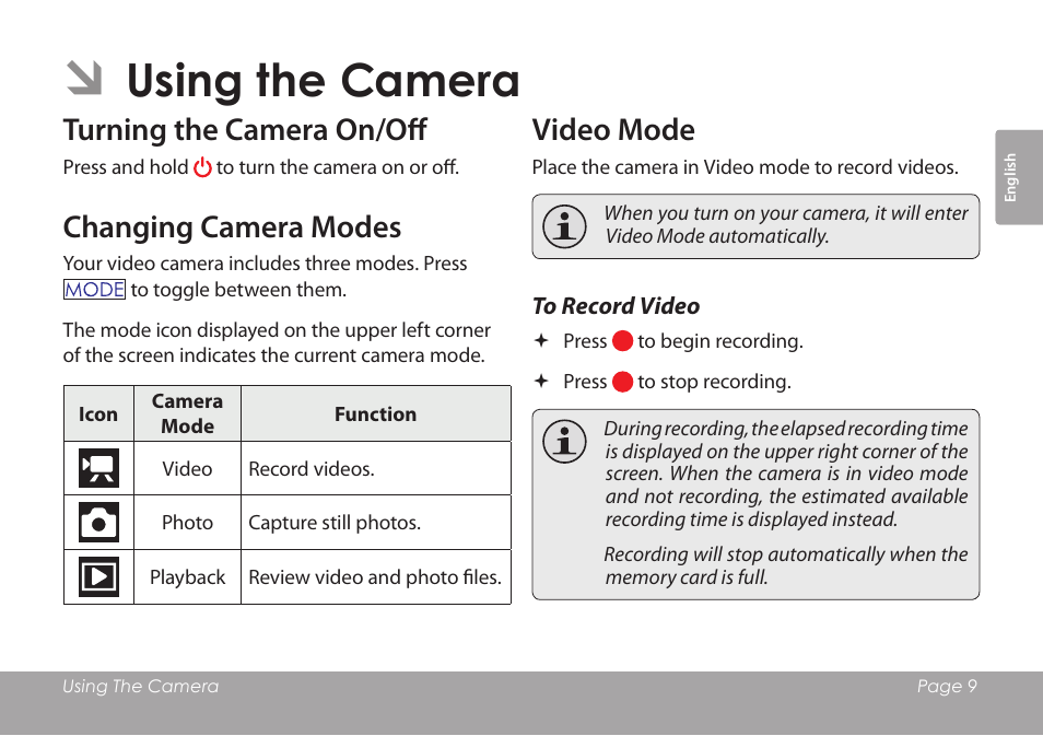 Using the camera, Turning the camera on/off, Changing camera modes | Video mode, To record video | COBY COBY SNAPP CAM3001 User Manual | Page 9 / 74