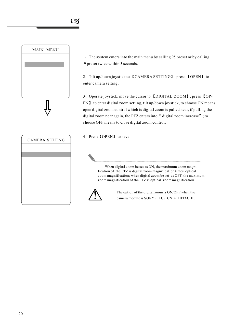 Camera setting, 2 digital zoom control | AVUE G55IR-WB36N – Outdoor 36X Long Range IR PTZ User Manual | Page 23 / 56