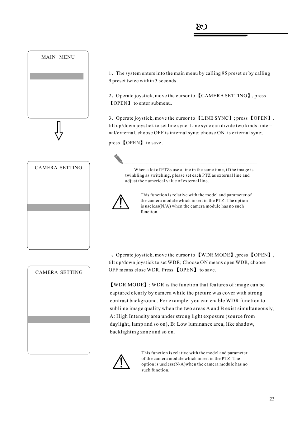 Camera setting, 5 line sync control, 6 wdr control | AVUE G55IR-WB36N – Outdoor 36X Long Range IR PTZ User Manual | Page 26 / 56