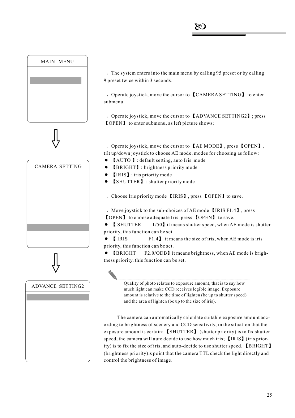 Camera setting, 8 advance setting 2, 8ae mode | AVUE G55IR-WB36N – Outdoor 36X Long Range IR PTZ User Manual | Page 28 / 56