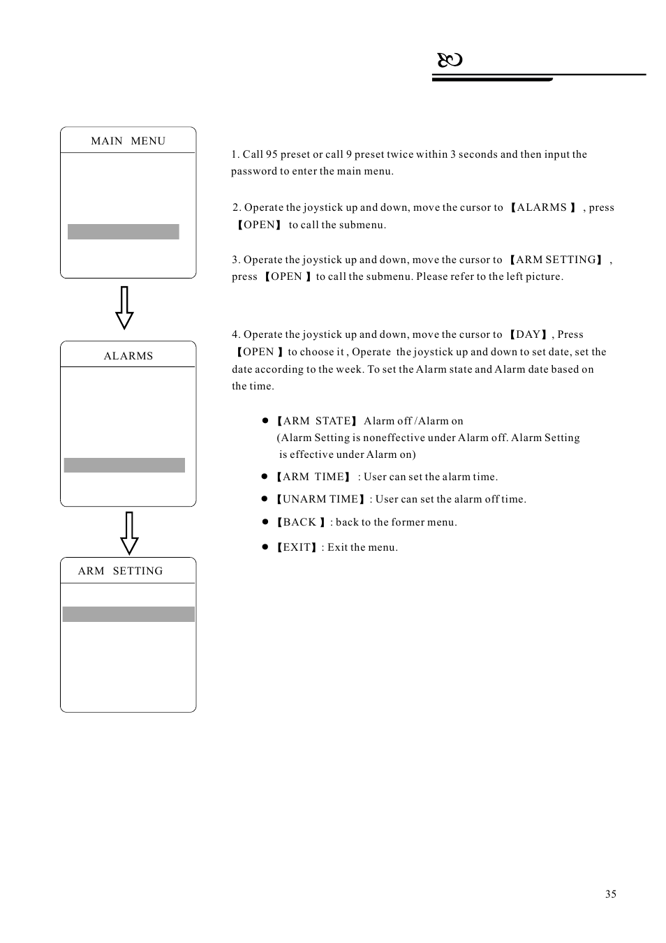 Alarm function, Arm setting | AVUE G55IR-WB36N – Outdoor 36X Long Range IR PTZ User Manual | Page 38 / 56