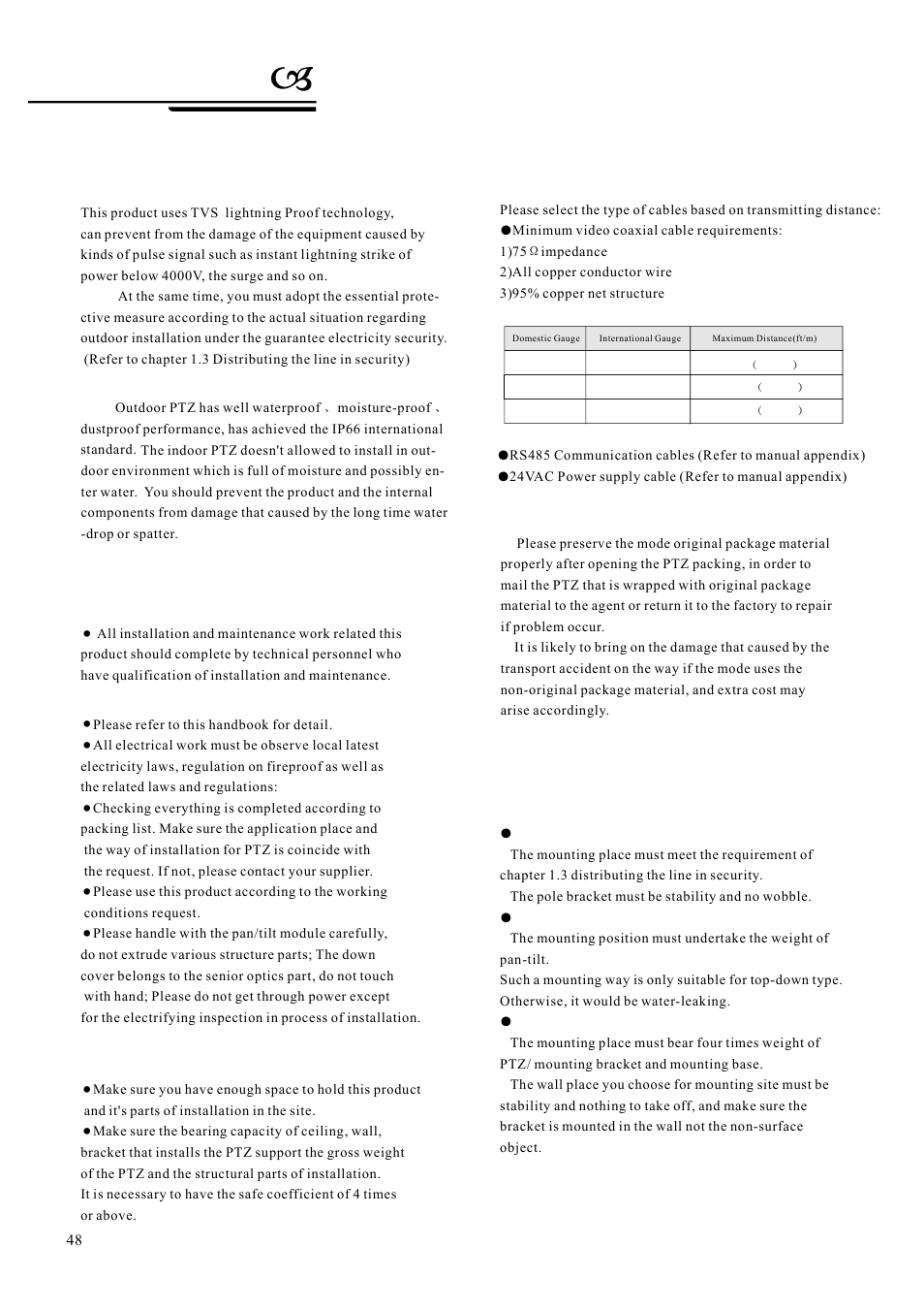 Warnings, Stuff preparation | AVUE G55IR-WB36N – Outdoor 36X Long Range IR PTZ User Manual | Page 51 / 56