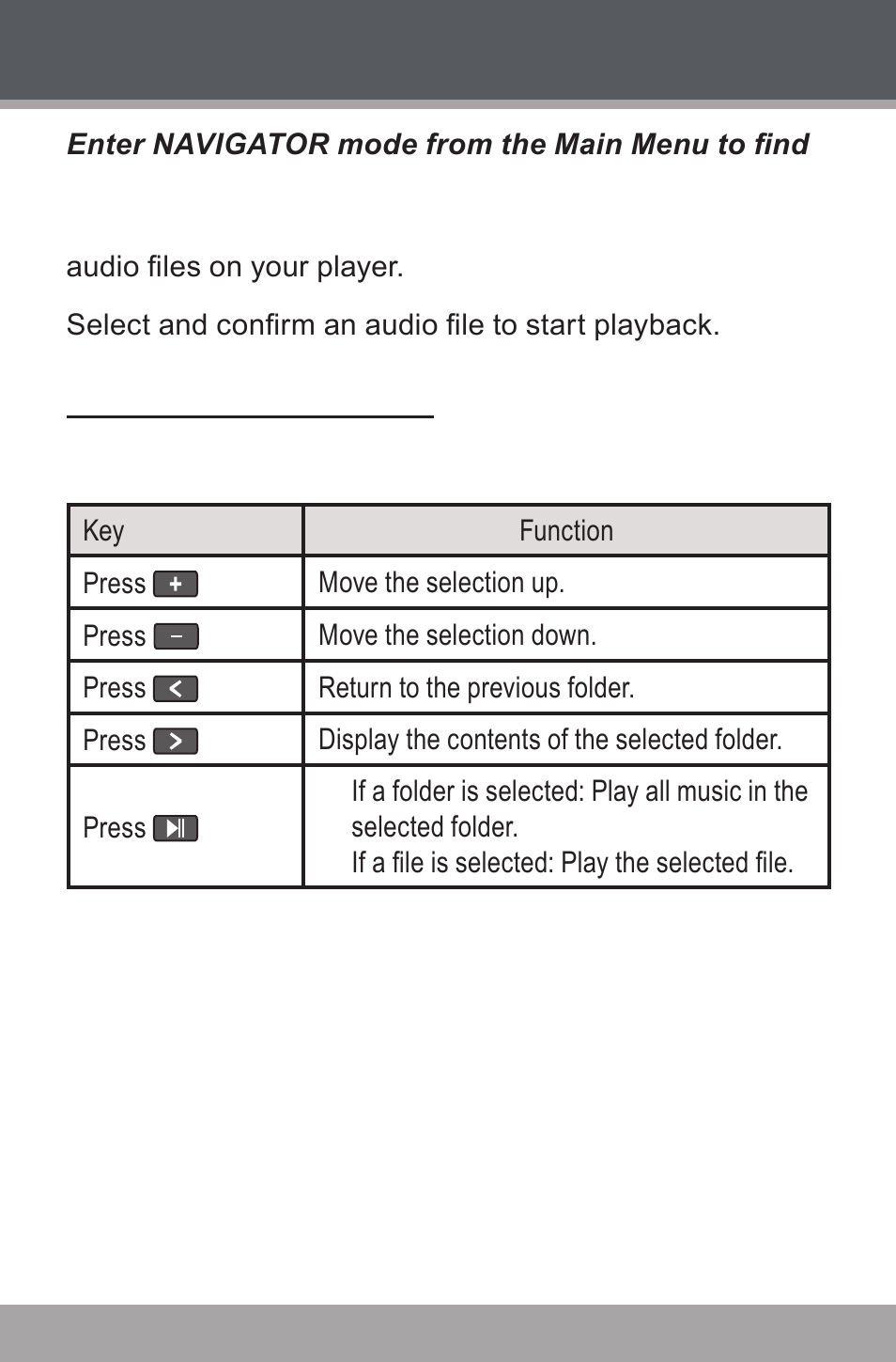 Navigator mode, Navigator menu controls | COBY USB-STICK MP-C846 User Manual | Page 17 / 44