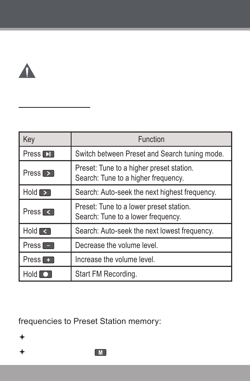 Fm tuner mode, Fm tuner controls, Automatically saving preset stations | COBY USB-STICK MP-C846 User Manual | Page 20 / 44