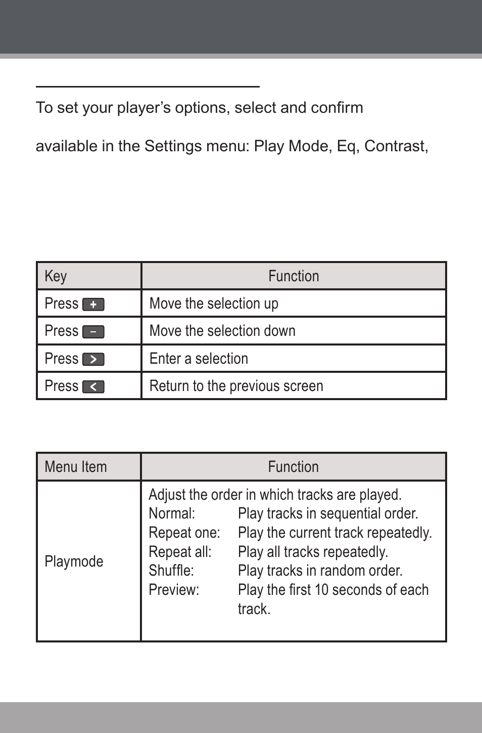 Settings mode, Setting your player’s options, Settings menu controls | Settings options | COBY USB-STICK MP-C846 User Manual | Page 24 / 44