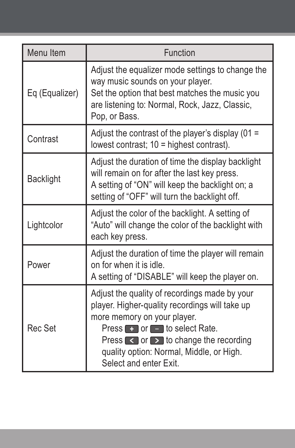 Settings mode | COBY USB-STICK MP-C846 User Manual | Page 25 / 44
