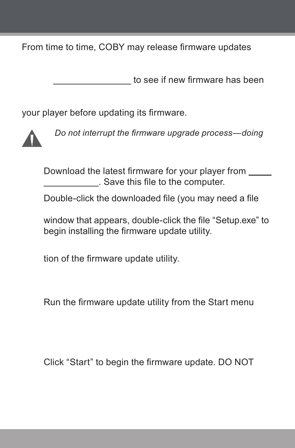 Firmware upgrades | COBY USB-STICK MP-C846 User Manual | Page 36 / 44