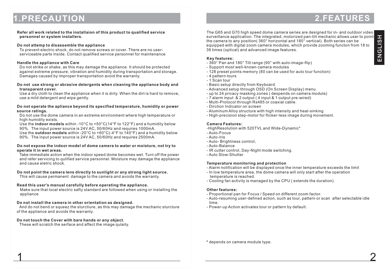 Precaution, Features | AVUE G65-WB27N – High Speed Outdoor PTZ with 27X Zoom User Manual | Page 3 / 16