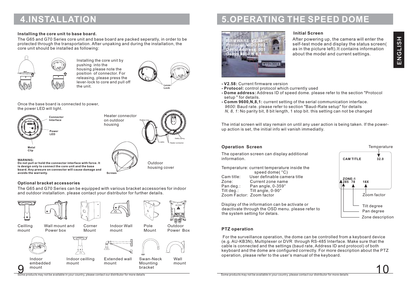 Operating the speed dome, Installation, English | AVUE G65-WB27N – High Speed Outdoor PTZ with 27X Zoom User Manual | Page 7 / 16