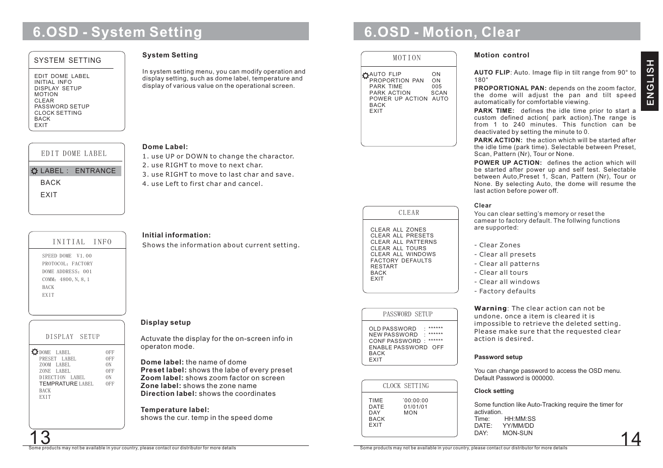 Osd - system setting 6.osd - motion, clear, English | AVUE G65-WB27N – High Speed Outdoor PTZ with 27X Zoom User Manual | Page 9 / 16