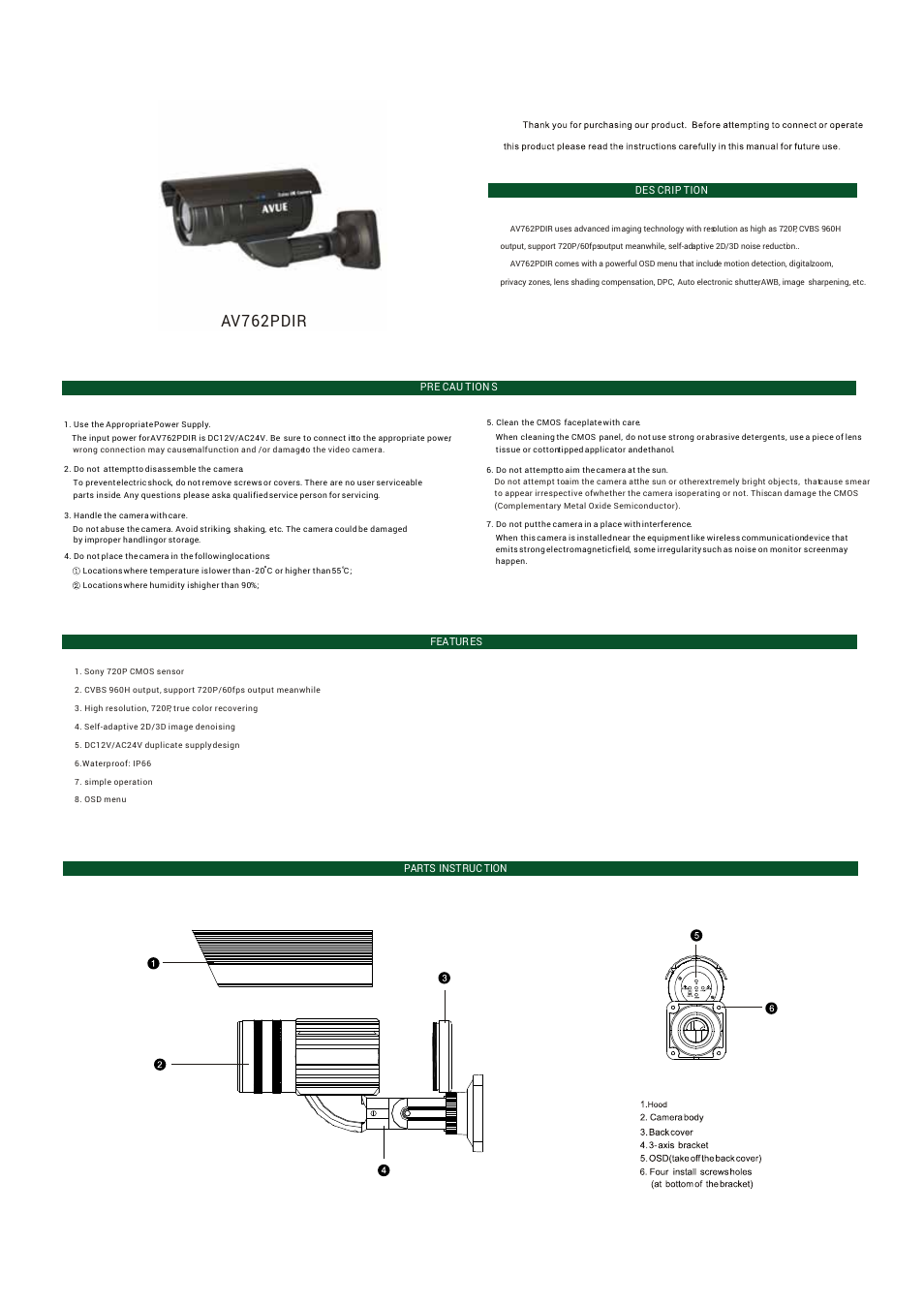 AVUE AV762PDIR – 1000 TVL 100ft. IR Bullet Camera with Auto Iris User Manual | 2 pages