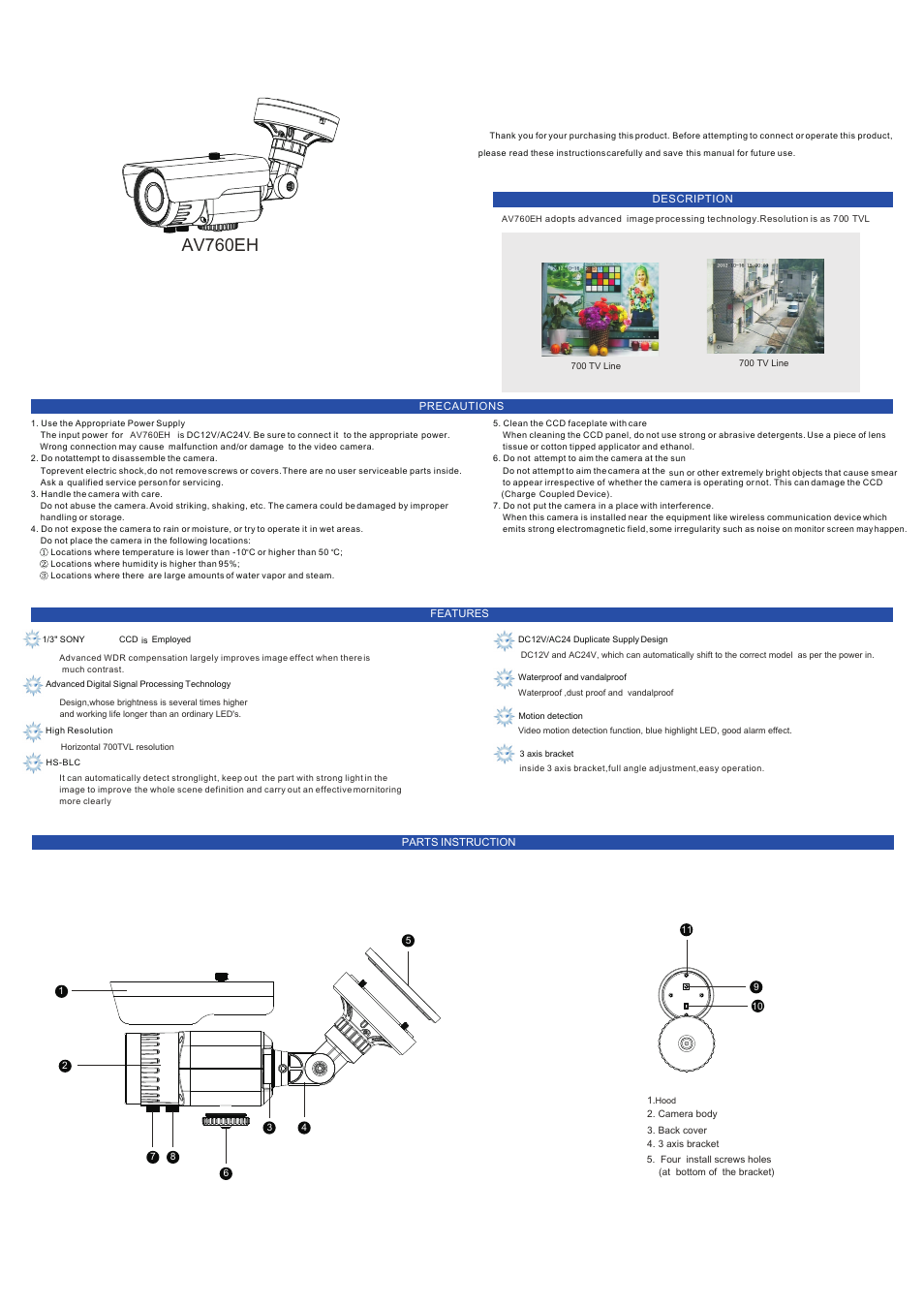 AVUE AV760EH – 700TVL IP66 IR Bullet Camera with WDR, Smart IR, OSD User Manual | 2 pages