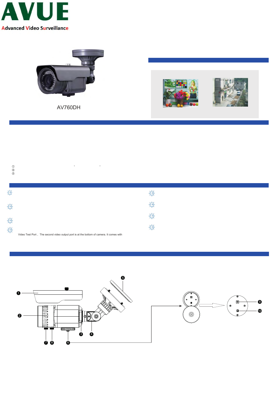 AVUE AV760DH – High Resolution Weather Proof IR Bullet Camera User Manual | 2 pages