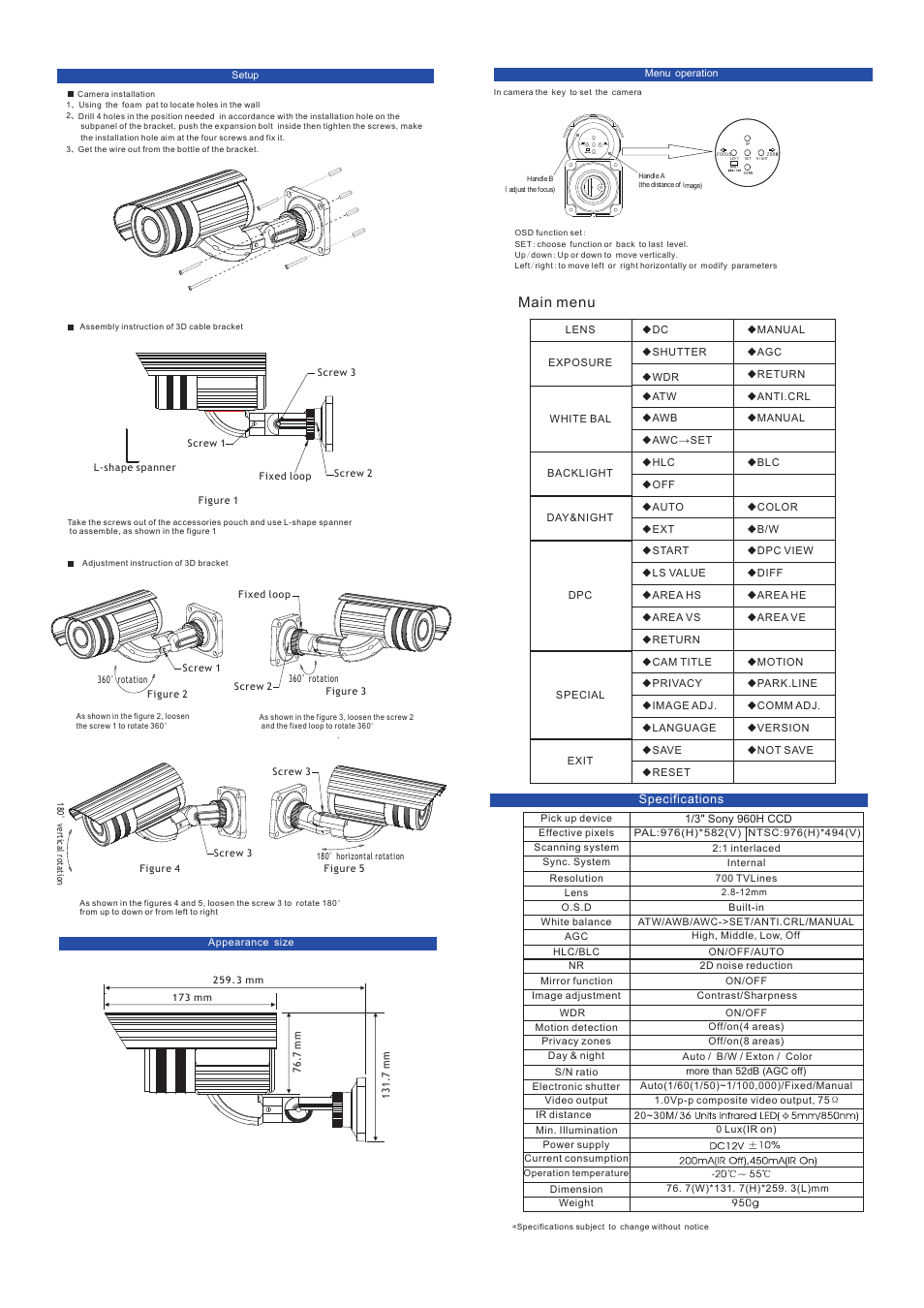 Main menu, Down right left set up | AVUE AV762WDIR – 700 TVL 100ft. IR Bullet Camera with Auto Iris, VF User Manual | Page 2 / 2