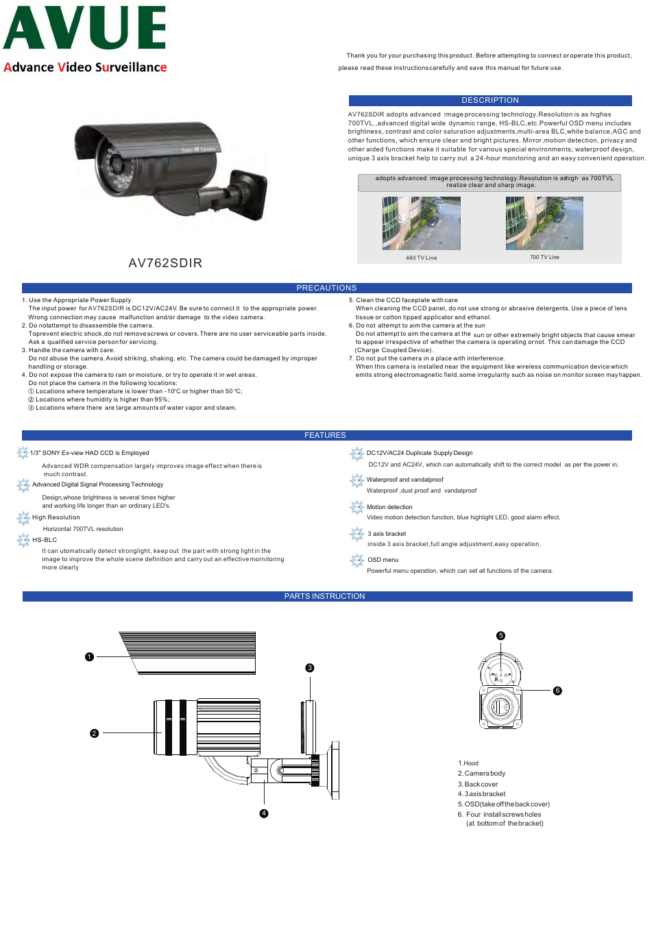 AVUE AV762SDIR – 960H/700 TVL IR Bullet Varifocal Camera with Dual Voltage User Manual | 2 pages