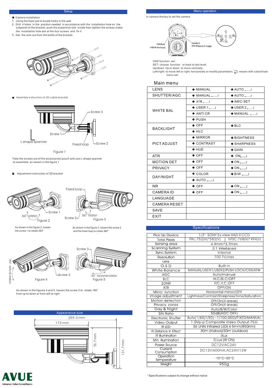Main menu | AVUE AV762SDIR – 960H/700 TVL IR Bullet Varifocal Camera with Dual Voltage User Manual | Page 2 / 2