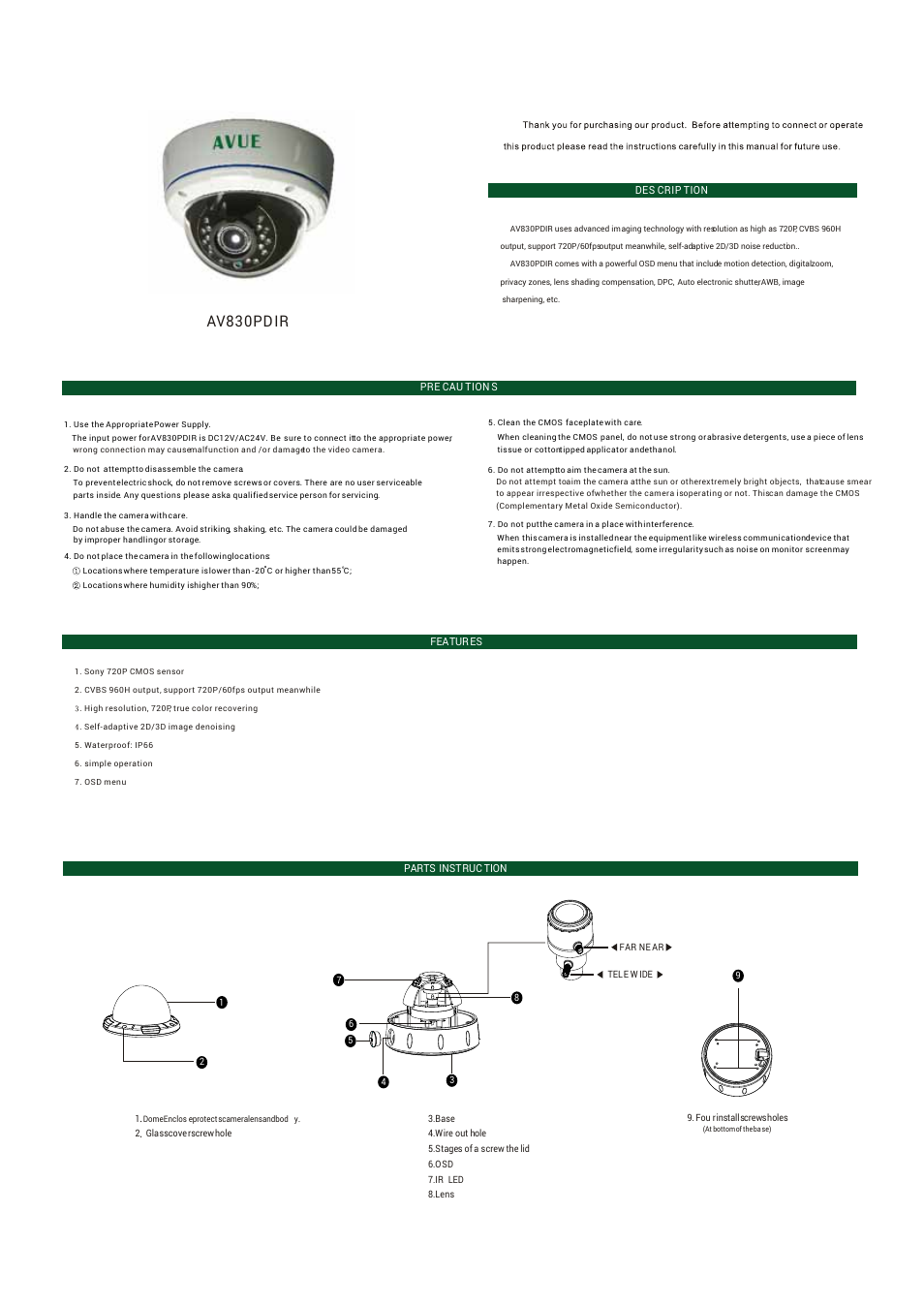 AVUE AV830PDIR – 1000 TVL Vandal Proof IR Dome Camera User Manual | 2 pages